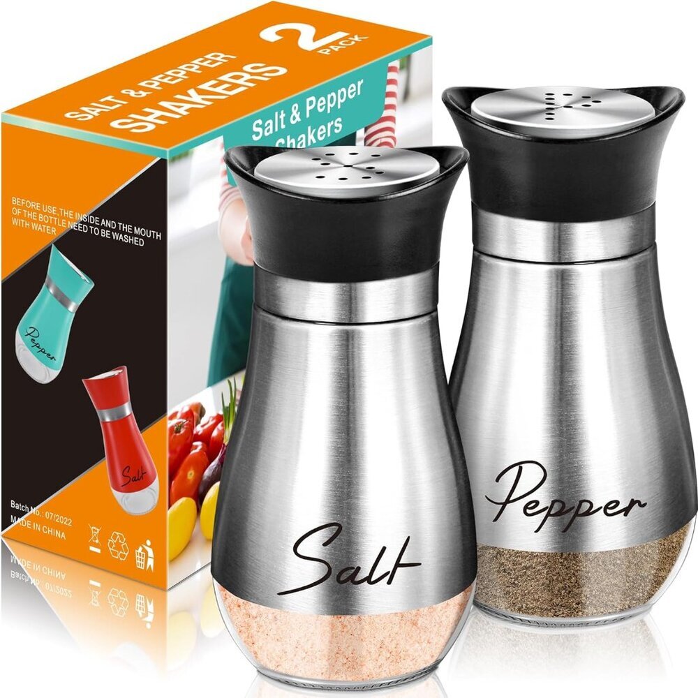 Salt and Pepper Shakers Set,4 oz Glass Bottom Salt Pepper Shaker with Stainless